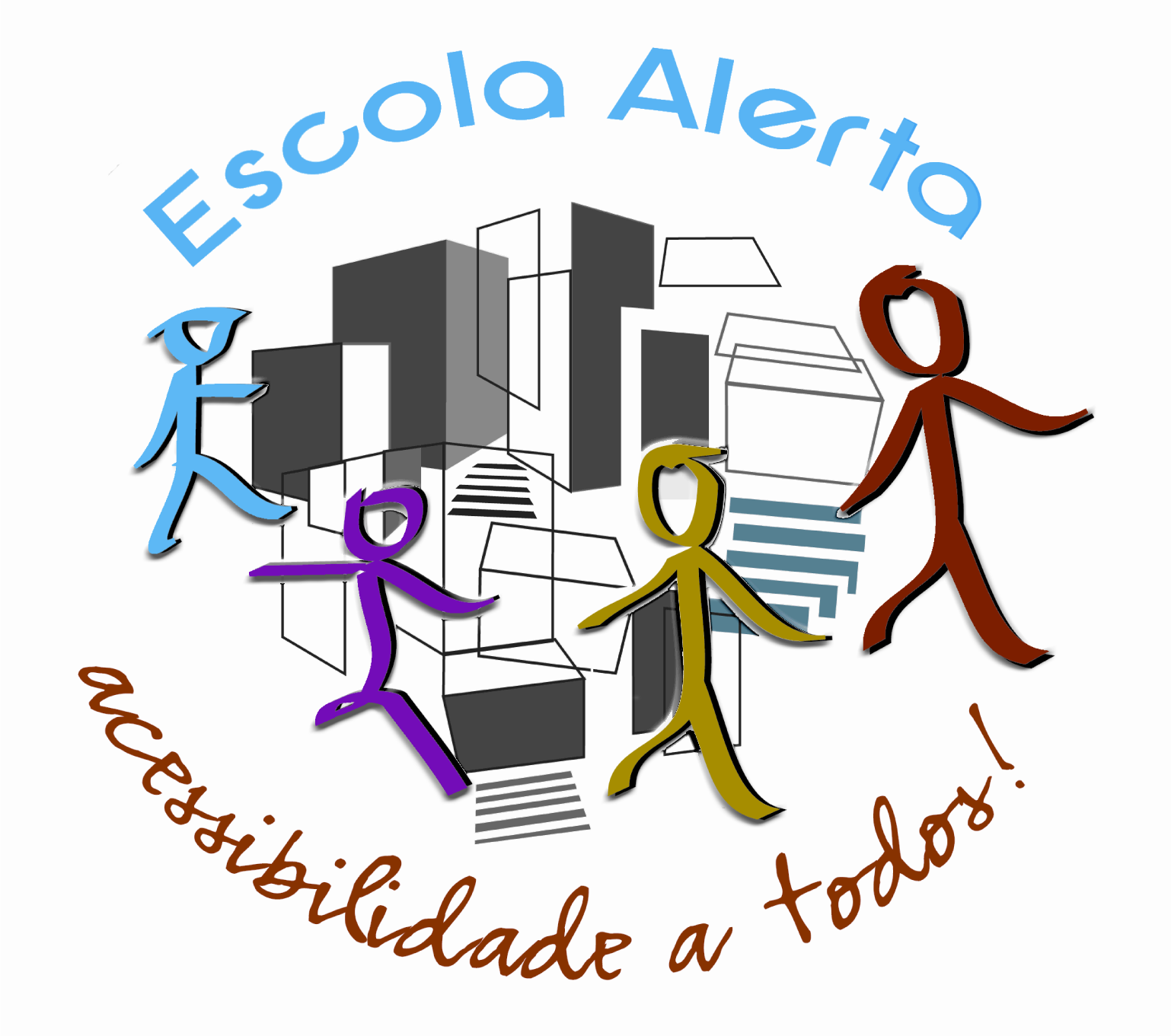 Logótipo do Escola Alerta!. Lê-se “Escola Alerta” na parte superior, em azul claro, e “acessibilidade a todos!” na parte inferior, em castanho. Ao centro, quatro figuras estilizadas de pessoas em diferentes cores (azul, roxo, amarelo e castanho), posicionadas sobre um fundo que representa estruturas urbanas ou edifícios.