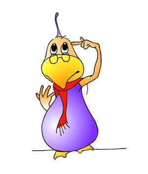 Desenho infantil de um pássarovestido de roxo, com cachecol vermelho e óculos. O pássaro está a olhar para acima e a apontar com o dedo indicador da mão esquerda na cabeça