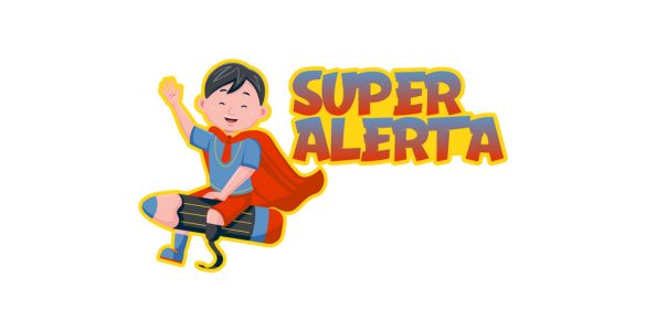 Mascote “Super Alerta”, composta por um desenho de um rapaz jovem, que tem uma perna que termina em gancho, a acenar, com uma capa vermelha de super-herói, sentado “a cavalo” num lápis, com uma frase lateral “Super Alerta”.