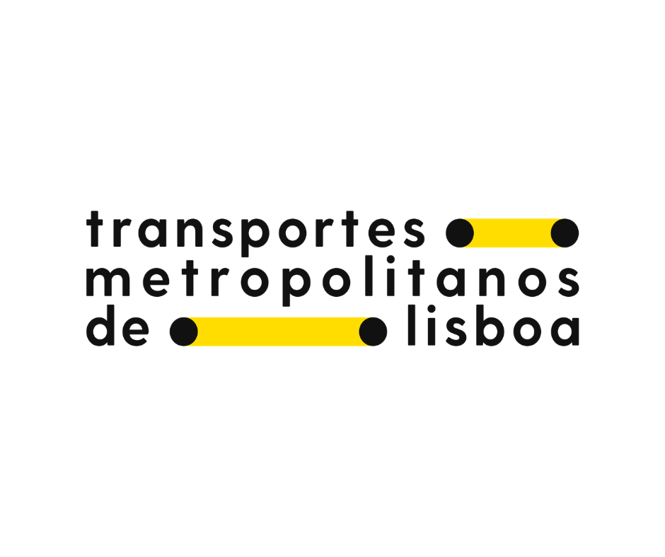 Logótipo dos Transportes Metropolitanos de Lisboa, com o nome escrito em letras pretas sobre fundo branco e elementos gráficos em forma de linhas amarelas com pontos pretos, evocando uma linha de transporte.