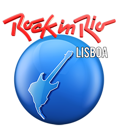 Um globo azul, no centro uma guitarra estilizada simbolizando a América do Sul, no topo direito lê-se 'Lisboa', escrito a branco. Por cima do globo, lê-se 'Rock in Rio', escrito a vermelho.