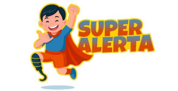  Illustration of a child character in a jumping position, with red cape, blue and orange clothing and prosthesis on one leg. The gesture of one hand means “happy” in Portuguese Sign Language. On the right side is the text ‘SUPER ALERTA’ in large coloured letters. Ilustração de uma personagem infantil em posição de salto, com capa vermelha, roupa azul e laranja e prótese numa das pernas. O gesto de uma das mãos significa “feliz” em Língua Gestual Portuguesa. Ao lado direito surge o texto “SUPER ALERTA” em letras grandes e coloridas. 