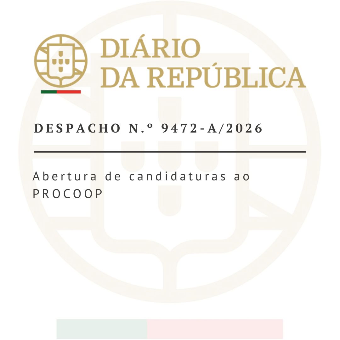  Em cima, o logótipo do Diário da República. Abaixo, lê-se 'Despacho N.º 9472-A/2026' e 'Abertura de candidaturas ao PROCOOP'. Above, the logo of the Diário da República. Below it reads 'Order N.º 9472-A/2026' and 'Opening of applications to PROCOOP'. 