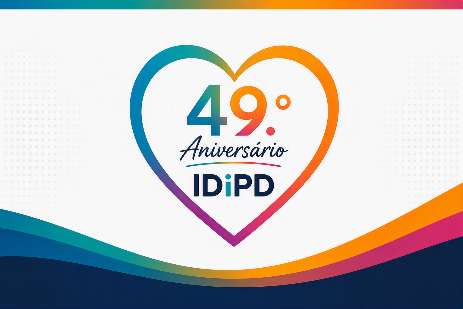 Ilustração comemorativa do 49.º aniversário do IDiPD, composta por um coração ao centro, com contorno multicolorido, no interior lê-se “49.º Aniversário IDiPD”. O design, gerado por IA, apresenta um fundo branco, com elementos gráficos coloridos nas margens superior e inferior.