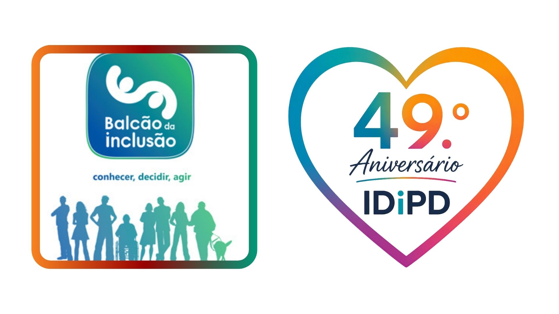  Ilustração comemorativa do 49.º aniversário do IDiPD, gerada através de IA. Do lado esquerdo’, envolvido por um contorno multicolorido, o logótipo do Balcão da Inclusão, em tom azul esverdeado, com uma figura abstrata e com as palavras 'Balcão da Inclusão', a cor branca. Por baixo, também em tom azul esverdeado, lê-se 'conhecer, decidir, agir', com silhuetas de diversas figuras, incluindo uma pessoa em cadeira de rodas e uma pessoa acompanhada de um cão de assistência. Do lado direito, um coração, com o mesmo contorno multicolorido, e no interior lê-se '49.º Aniversário IDiPD'. Commemorative illustration of the 49.º anniversary of the IDiPD, generated through AI. On the left side’, surrounded by a multicoloured outline, the logo of the Inclusion Desk, in greenish blue tone, with an abstract figure and the words ‘Inclusion Desk’, the colour white. Underneath, also in a greenish blue tone, it reads 'know, decide, act', with silhouettes of various figures, including a person in a wheelchair and a person accompanied by a assistance dog. On the right side, a heart, with the same multicolored contour, and inside it reads '49.º Anniversary IDiPD'. 