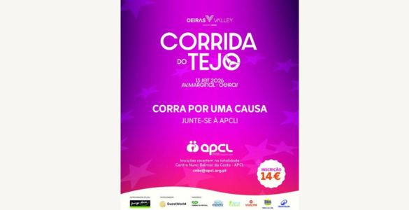 Cartaz promocional da Corrida do Tejo 2026, com fundo em tons de rosa e roxo. Destaca a data (13 de setembro de 2026), o local (Avenida Marginal, Oeiras) e a mensagem solidária “Corra por uma causa, junte-se à APCL!”. Inclui ainda o valor da inscrição (14€) e os logótipos da organização, parceiros e patrocinadores.