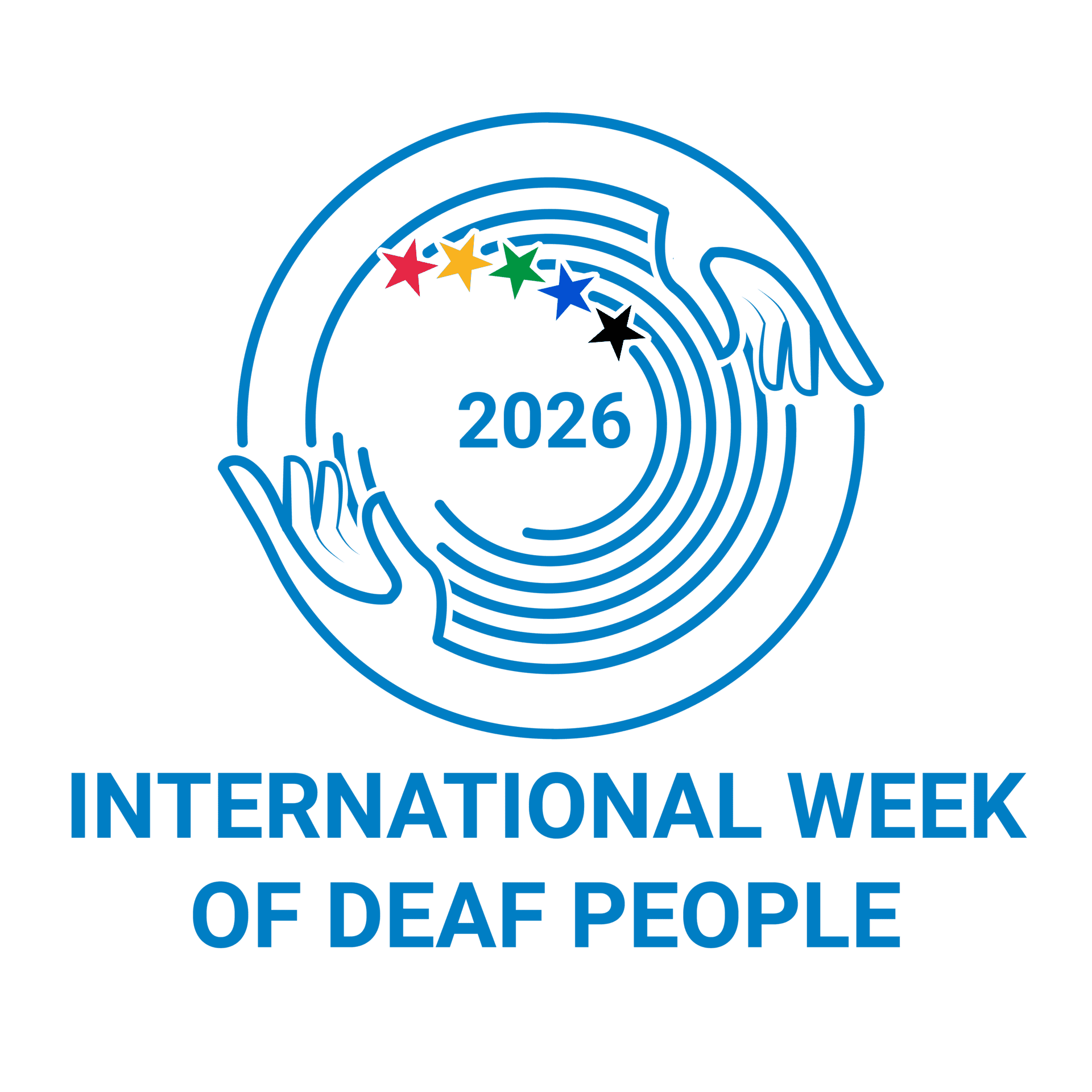 Símbolo da Semana Internacional das Pessoas Surdas, da Federação Mundial de Surdos, com o desenho de duas mãos a abraçar uma circunferência que representa o globo. Dentro dele estão semicírculos e 5 estrelas, de 5 cores também representadas no logótipo da Federação Mundial de Surdos. Ao centro o ano 2026. Em baixo, lê-se: Internacional Week Of Deaf People.