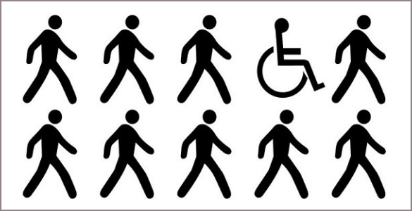  Num fundo branco, encontram-se figuras estilizadas (de cor preto) de pessoas a caminhar, uma deslocando-se em cadeira de rodas. On a white background are stylised (black) figures of people walking, one moving in a wheelchair. 