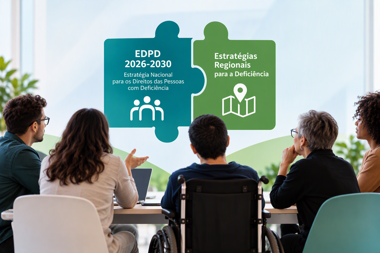  Grupo de pessoas reunidas à volta de uma mesa de trabalho, incluindo uma pessoa em cadeira de rodas. Ao centro, duas peças de puzzle interligadas representam a ligação entre a Estratégia Nacional para os Direitos das Pessoas com Deficiência (EDPD 2026-2030) e as Estratégias Regionais para a Deficiência, simbolizando cooperação e inclusão. A group of people gathered around a working table, including a person in a wheelchair. At the centre, two interconnected puzzle pieces represent the link between the National Strategy for the Rights of Persons with Disabilities (EDPD 2026-2030) and the Regional Disability Strategies, symbolising cooperation and inclusion. 
