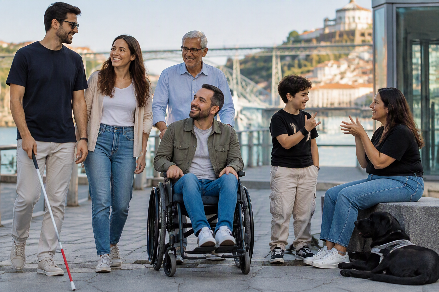  Imagem com um grupo de pessoas, incluindo uma pessoa a caminhar com uma bengala, uma pessoa que se desloca em cadeira de rodas, pessoas a falar uma língua gestual, com um cão de assistência. Encontram-se num passeio junto a um rio e ao fundo vê-se uma ponte e edifícios. Picture with a group of people, including a person walking with a cane, a person moving in a wheelchair, people speaking a sign language, with an assistance dog. They are on a promenade by a river and in the background you can see a bridge and buildings. 